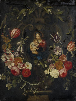 Anonymous - Still Life With Flower Cartouche Encircling A Madonna With Child.webp
