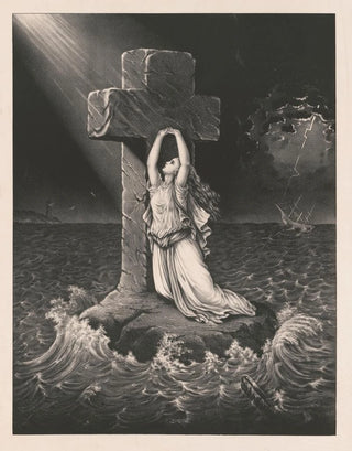 Anonymous - Woman leaning against cross on rock in middle of stormy sea near a shipwreck.webp