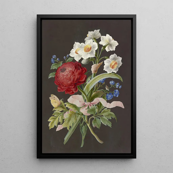 Reproduktion des Gemäldes Anordnung mit roten Ranunkeln, weißen Narzissen und blauer Blume mit Postillon - Anonym