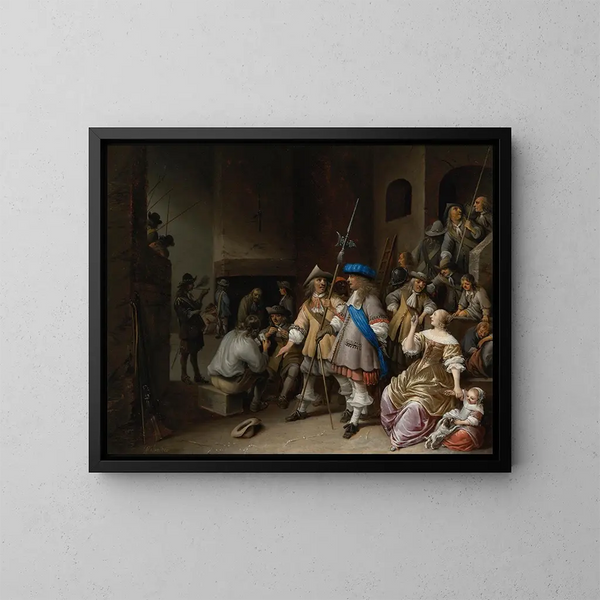 Innenansicht eines Wachsaals mit einer Halberdier-Kompanie, Kartenspielern und einer Frau mit Kind - Anthonie Palamedesz — gerahmtes Bild an der Wand