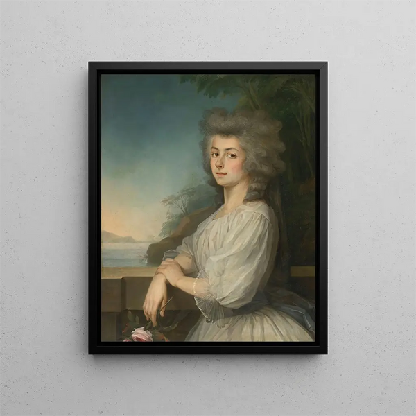 Portrait einer Frau auf einer Terrasse Ein Landschaft im Hintergrund - Antoine Vestier — gerahmtes Bild an der Wand