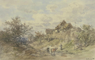 Anton Burger - Landschaft mit Gehft zwei Khe mit Buerin im Vordergrund.webp