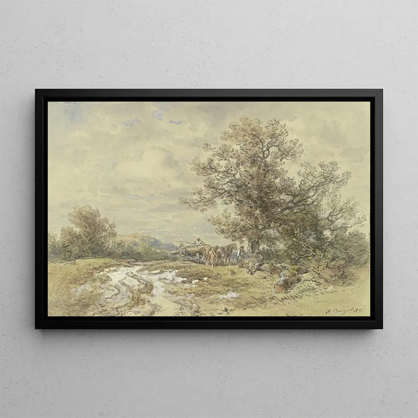 Landschaft mit großem Baum und Holzkarre - Anton Burger — gerahmtes Bild an der Wand