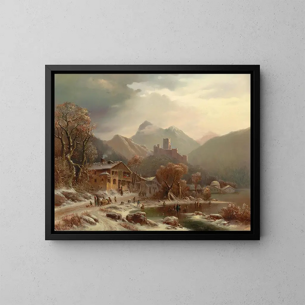 Eine winterliche Idylle mit Blick auf die Ruinen von Kropfsberg in Tirol - Anton Doll — gerahmtes Bild an der Wand