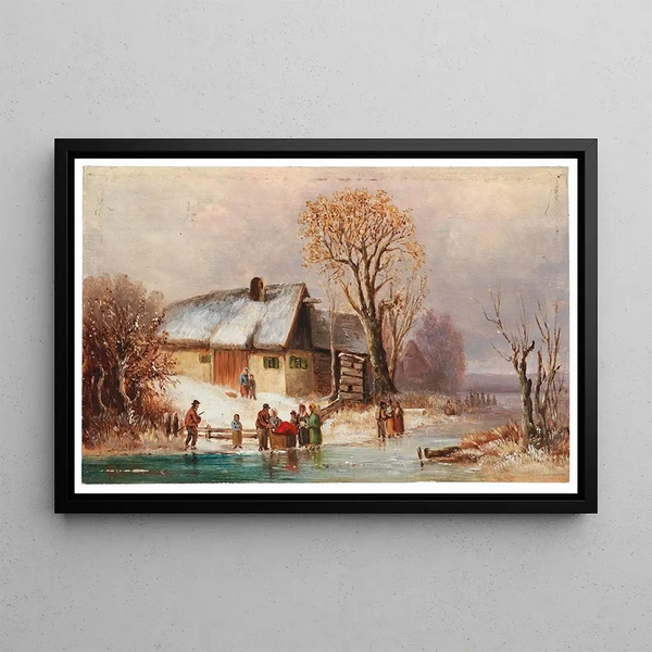 Flusslandschaft im Winter mit Figuren - Anton Doll — gerahmtes Bild an der Wand