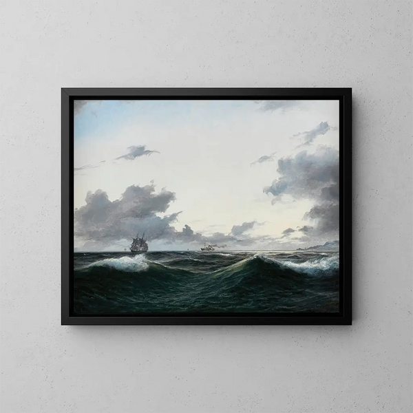 Segelschiff und Dampfschiff vor Anker vor einer Küste - Anton Melbye — gerahmtes Bild an der Wand