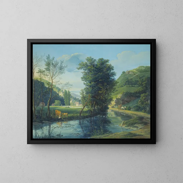 In einem Tal, in dem ein Bach mehrere verstreute Häuser durchquert, ein Gespann mit einem weißen Pferd links, eine Kuh mit einem Kalb. - Anton Radl — gerahmtes Bild an der Wand