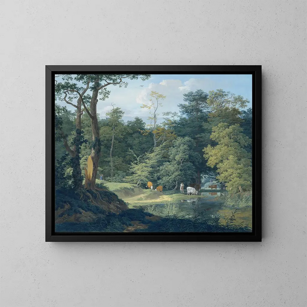 Abreuvoir für das Vieh im Wald, links ein Jäger - Anton Radl — gerahmtes Bild an der Wand