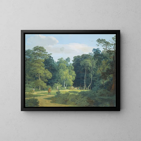 Weg im Wald zwischen Birken und Buchen mit mehreren Wanderern und einem Bauernwagen, gezogen von zwei weißen Pferden - Anton Radl — gerahmtes Bild an der Wand