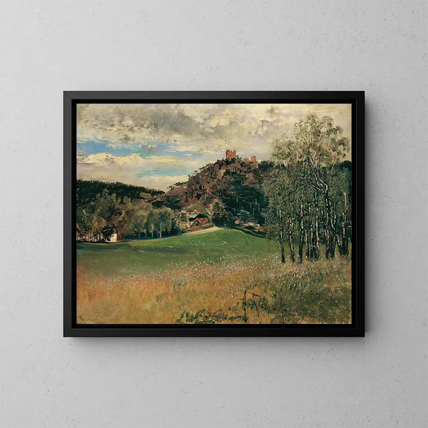 Die Wiese der Molkerei in Vorderbrühl mit der Ruine von Mödling - Anton Romako — gerahmtes Bild an der Wand