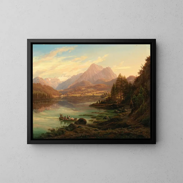 Ansicht des Altausseer Sees mit Blick auf das Karlseisfeld am Dachstein, den oberen Seirrstein sowie die Ruinen von Pfluigsberg und das Haus des Barons Zedlitz am Seeufer - Anton Schiffer — gerahmtes Bild an der Wand