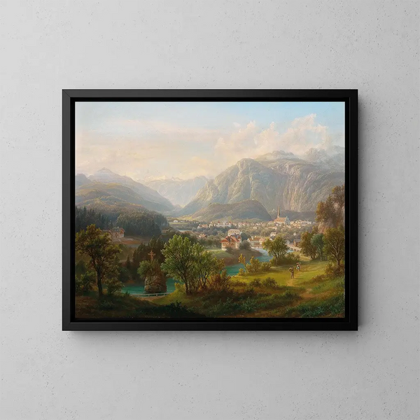 Ansicht vom neuen Schmolnau zum Kreuzstein an der Traun in Richtung Lauffen und Dachstein, Ischl, Oberösterreich - Anton Schiffer — gerahmtes Bild an der Wand
