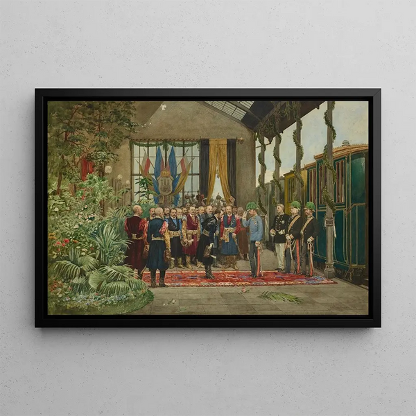 L'Empereur begrüßt am Bahnhof Lemberg aus der Serie Inspektionsreise des Kaisers Franz Joseph I. durch Galizien im September 1880 - Antoni Kozakiewicz — gerahmtes Bild an der Wand