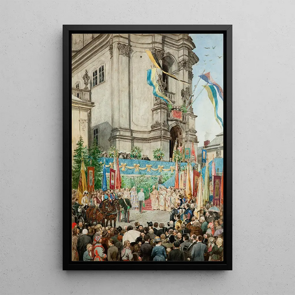 L'empereur begrüßt vor der Kathedrale St. Georg in Lemberg - Antoni Kozakiewicz — gerahmtes Bild an der Wand