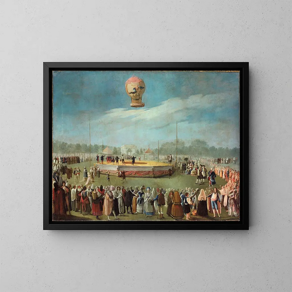 Himmelfahrt eines Ballons in Anwesenheit von König Karl IV. und seinem Hof - Antonio Carnicero — gerahmtes Bild an der Wand