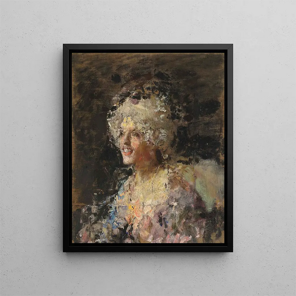 Frau im Kostüm des 18. Jahrhunderts - Antonio Mancini — gerahmtes Bild an der Wand