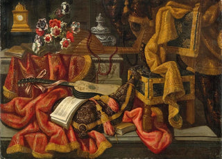 Antonio Tibaldi - A clock a vase of flowers a lute a guitar a sheet of music a chair and drapes.webp