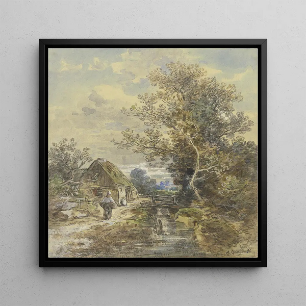 Arbre et maison de paysan au bord du ruisseau avec une femme - Anton Burger