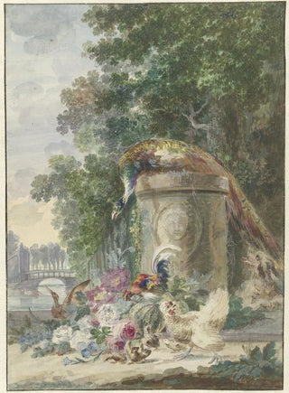 Arie Lamme - Peacock and Poultry in a Park Chased by a Dog.webp