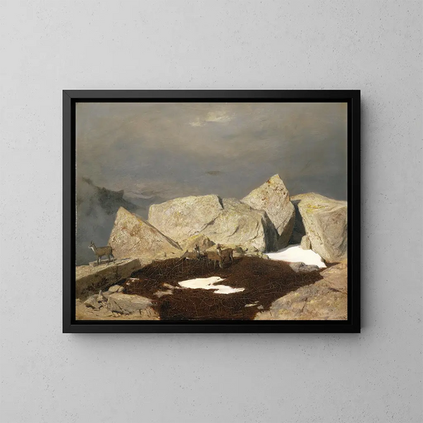 Landschaft mit Bergpanorama und Gämse - Arnold Böcklin — gerahmtes Bild an der Wand