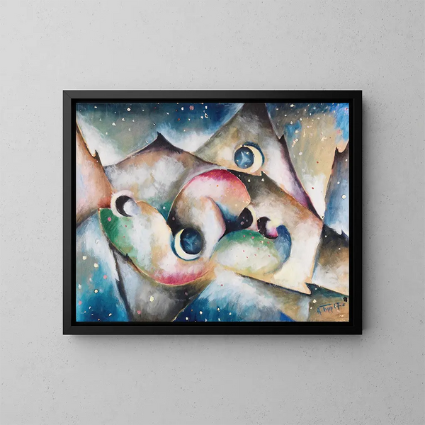 Figuren, die in einer nächtlichen Berglandschaft schlafen - Arnold Topp — gerahmtes Bild an der Wand