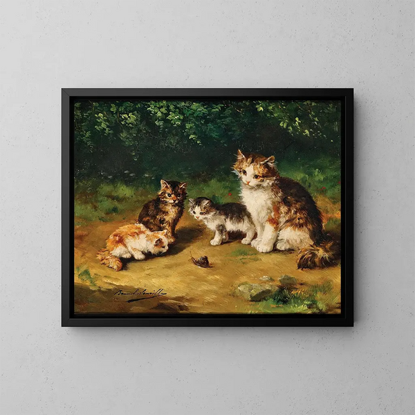 Neugierige Kätzchen mit einer Schnecke - Arthur Alfred Brunel de Neuville — gerahmtes Bild an der Wand