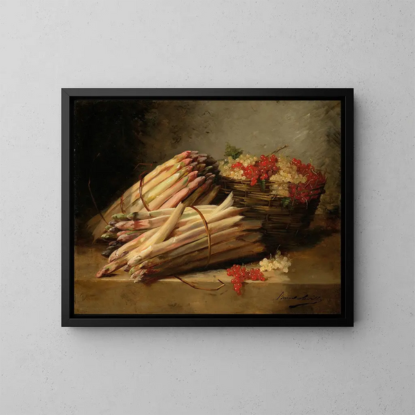 Stillleben mit Spargeln und Stachelbeeren auf einer Steinstufe - Arthur Alfred Brunel de Neuville — gerahmtes Bild an der Wand