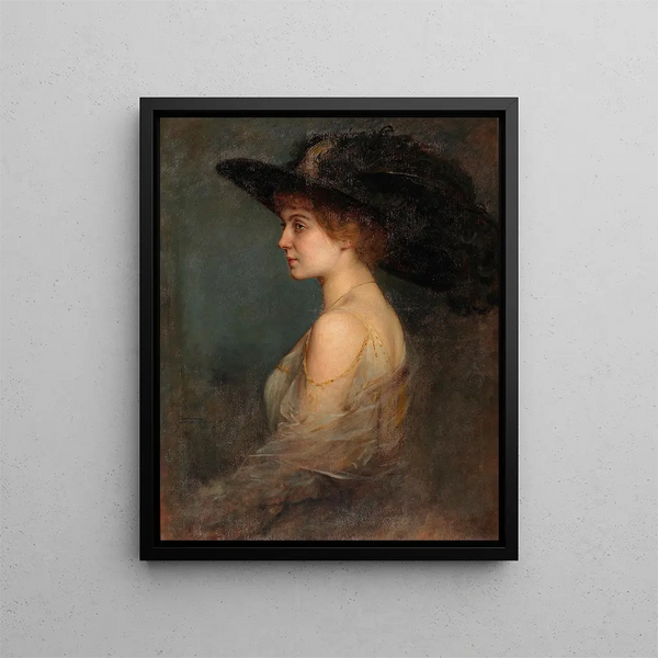 Portrait eines Damenprofils mit großem Federhut - Arthur von Ferraris — gerahmtes Bild an der Wand