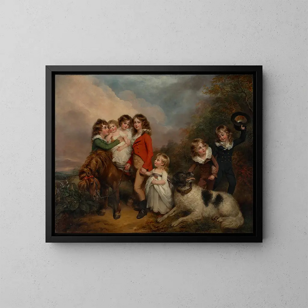 Portrait der Kinder von Benjamin Goldsmid mit einem Pony und einem Hund in einer Landschaft - Arthur William Devis — gerahmtes Bild an der Wand