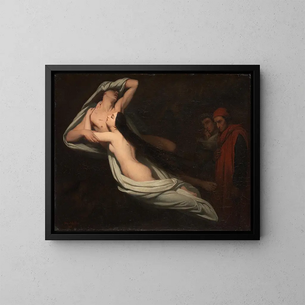 Dante und Virgile treffen die Schatten von Francesca da Rimini und Paolo - Ary Scheffer — gerahmtes Bild an der Wand