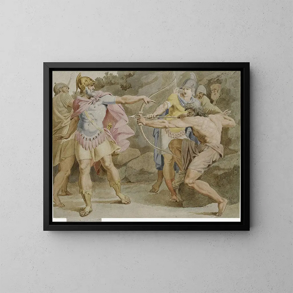 Philoctetes, der den Bogen des Herkules gegen Odysseus richtet - Asmus Jacob Carstens — gerahmtes Bild an der Wand