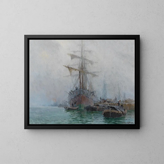 August von Ramberg - Fishing Boats by the Jetty.webp