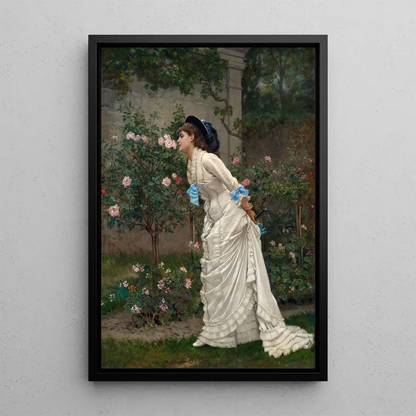 Frau und Rosen - Auguste Toulmouche — gerahmtes Bild an der Wand