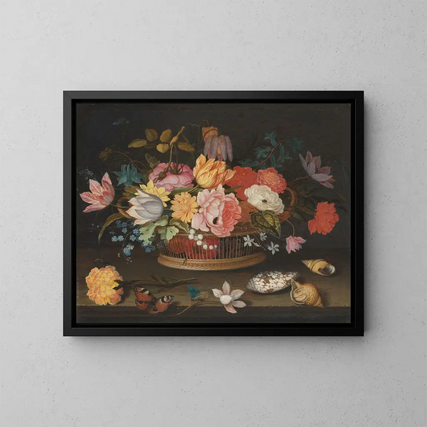 Blumen in einem Weidenkorb auf einem Tisch - Balthasar van der Ast — gerahmtes Bild an der Wand