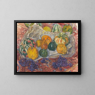 Barbara Elisabeth van Houten - Stilleven van pompoenen en druiven op een kleed.webp