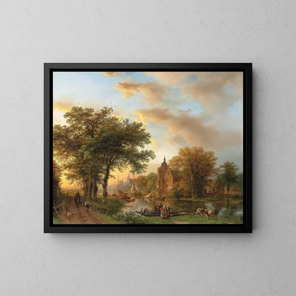 Ein Flusslandschaft in den Niederlanden bei Sonnenuntergang - Barend Cornelis Koekkoek — gerahmtes Bild an der Wand