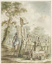 Landschaftsgemälde mit zwei Männern neben einem Anschlagbrett an einer Wasserpumpe - Bartholomeus Barbiers — Ansicht des Kunstwerks