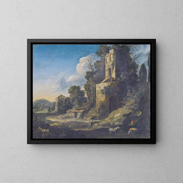 Landschaftliches, kursives Gemälde mit Gebäuden und einem Hirten, der Flöte spielt - Bartholomeus Breenbergh — gerahmtes Bild an der Wand