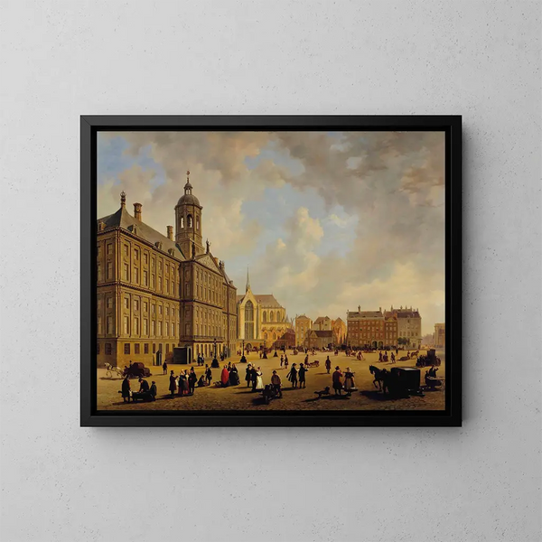 Eine lebendige Szene vor dem Rathaus auf dem Dam-Platz mit der Nieuwe Kerk im Hintergrund, Amsterdam - Bartholomeus Johannes van Hove — gerahmtes Bild an der Wand