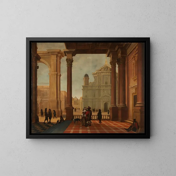 Ein architektonischer Laune mit eleganten Figuren und einer Kirche im Hintergrund - Bartholomeus van Bassen — gerahmtes Bild an der Wand