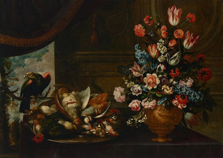 Bartolomeo Ligozzi - A silver charger with fowl and a terracotta vase with various flowers on a table with a parrot and a curtain a landscape beyond.webp