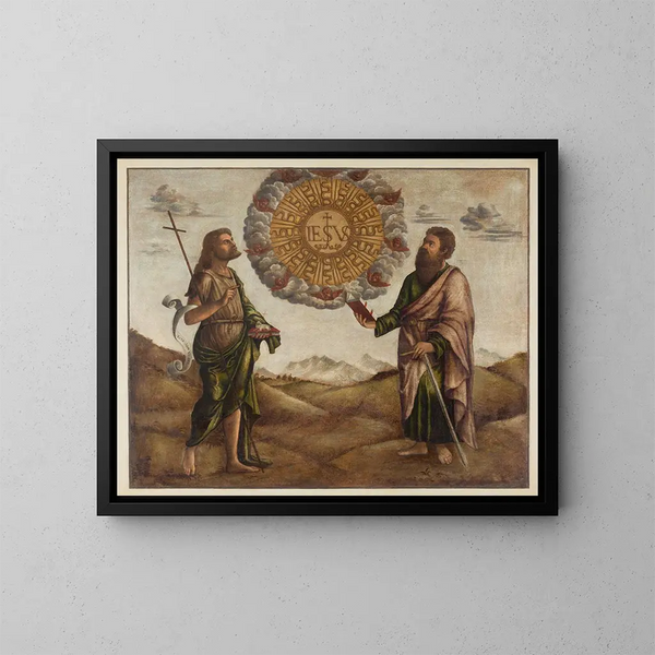 Anbetung des Namens Jesu zwischen Johannes dem Täufer und Paulus - Benedetto Carpaccio — gerahmtes Bild an der Wand