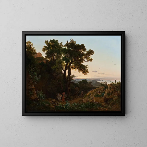 Italienisches Landschaftsgemälde mit Äneas und der Sibylle von Cumae - Beniamino De Francesco — gerahmtes Bild an der Wand