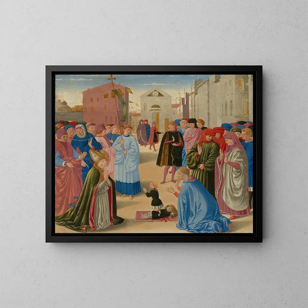 Saint Zénobe, der ein totes Kind wiederbelebt - Benozzo Gozzoli — gerahmtes Bild an der Wand