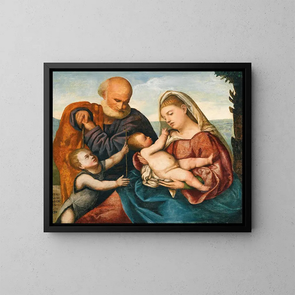 Die Heilige Familie mit dem Heiligen Kind Johannes dem Täufer - Bernardino Licinio — gerahmtes Bild an der Wand