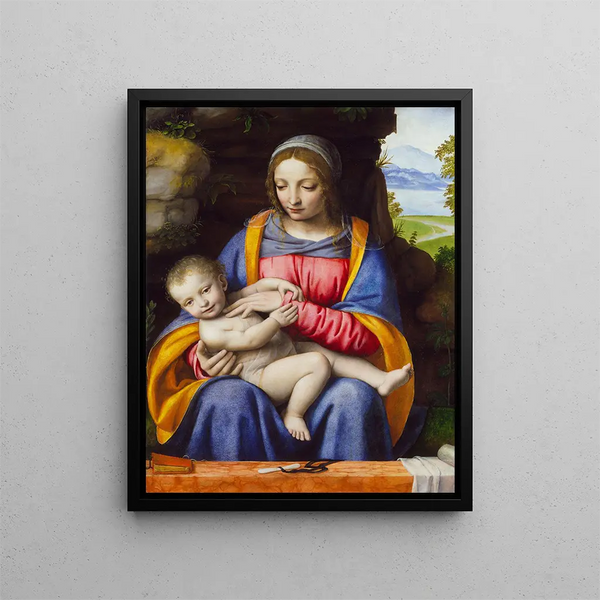 Die Jungfrau mit Kind in einer Landschaft - Bernardino Luini — gerahmtes Bild an der Wand