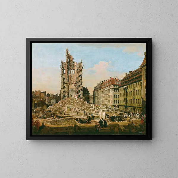 Die Ruinen der alten Kreuzkirche in Dresden - Bernardo Bellotto — gerahmtes Bild an der Wand