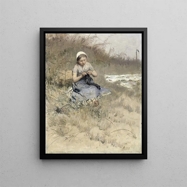 Mädchen, das strickt - Bernardus Johannes Blommers — gerahmtes Bild an der Wand
