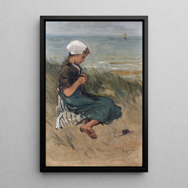 Mädchen beim Stricken in den Dünen - Bernardus Johannes Blommers — gerahmtes Bild an der Wand
