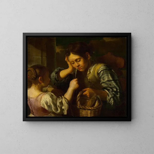 Mädchen, das einen Jungen neckt - Bernhard Keil — gerahmtes Bild an der Wand